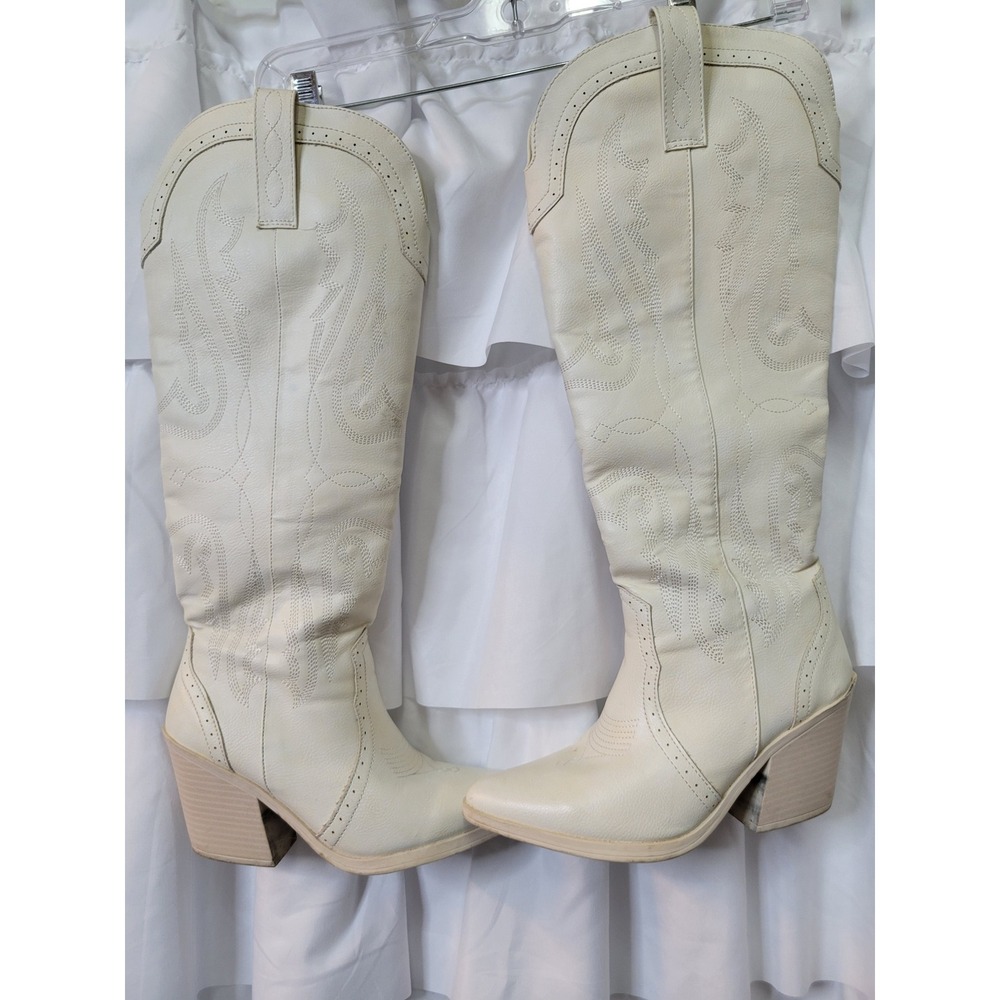 Off White Cream Western Knee High Cowboy Boots Pointed Toe Embroidered by Sugar